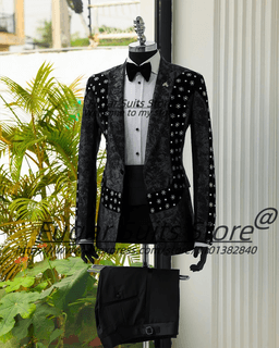 Pánský sametový květinový plesový blazer, slim střih, klopa, svatební smoking, 2dílná sada - náhled 4