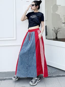 Vintage vysoký pas džínová dlouhá sukně plus velikosti patchwork volný střih dámská letní maxi sukně - náhled 4