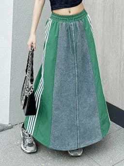 Vintage vysoký pas džínová dlouhá sukně plus velikosti patchwork volný střih dámská letní maxi sukně - náhled 3