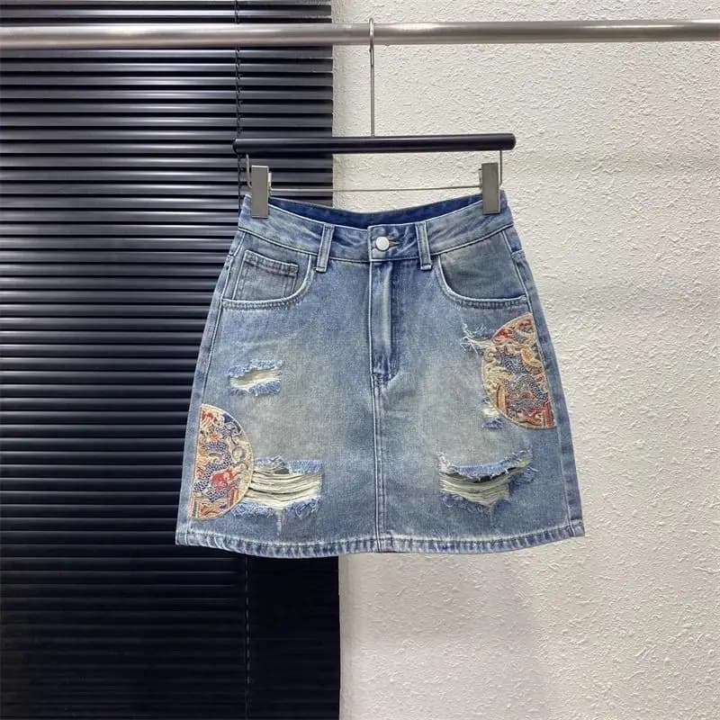 Dámská letní módní džínová mini sukně s vysokým pasem a vyšívaným střihem do A