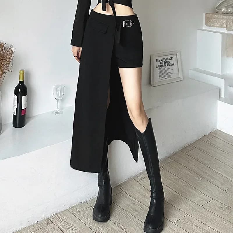 Dámská gotická minisukně s vysokým pasem a kapsami - černá, patchworková, grunge, techwear s nepravidelným lemem