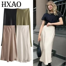 Dámská saténová dlouhá sukně s vysokým pasem, elegantní letní áčková maxi sukně, černá, bílá, zelená, khaki - náhled 2