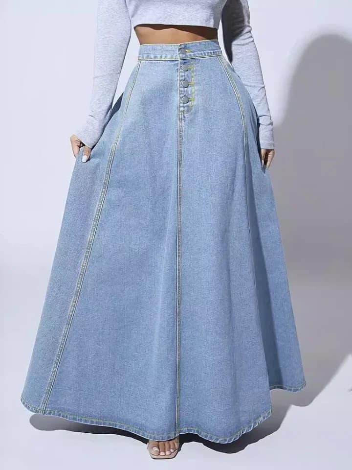 Dámská džínová maxi sukně s vysokým pasem a áčkovým střihem - vintage, dlouhá džínová sukně s knoflíky vpředu, ležérní