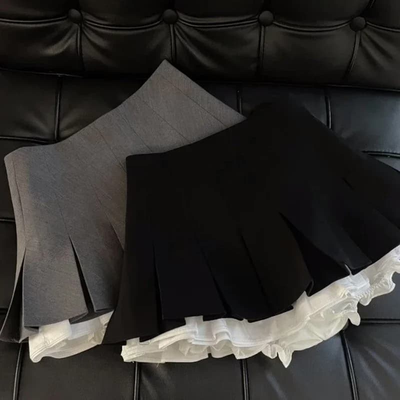 Dámská mini sukně s vysokým pasem, černá, volánová, patchworková, áčková, kawaii, módní