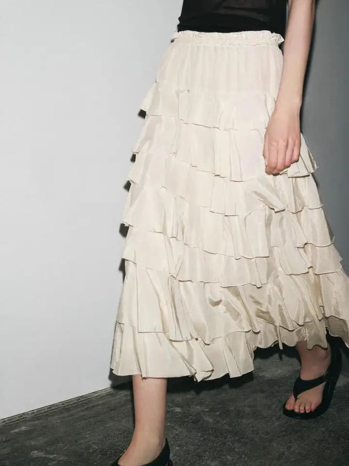 Dámská elegantní áčková vrstvená volánová maxi sukně - Vintage plážová dlouhá vrstvená midi sukně