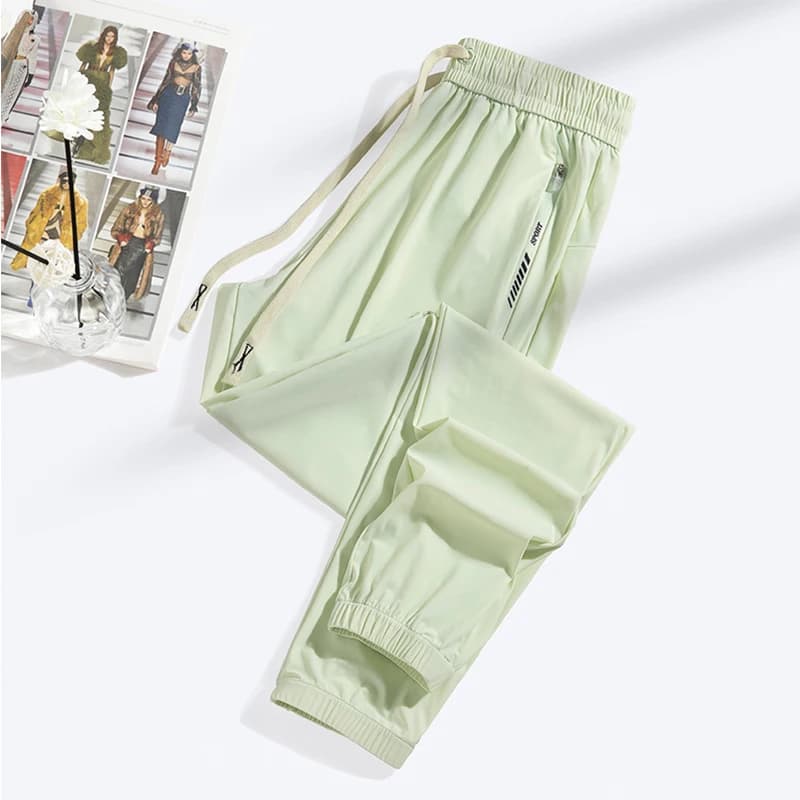 Letní hedvábné elastické kalhoty z ledového hedvábí, muži a ženy, tenké volné sportovní ležérní rovné legíny