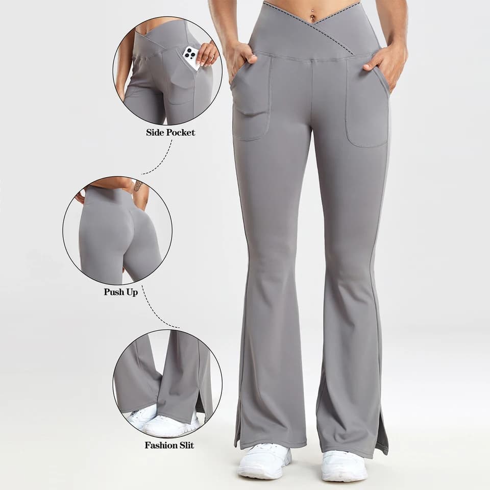 Dámské rozšířené legíny s vysokým pasem a kapsami - Slim Fit ležérní jógové kalhoty s bočním rozparkem