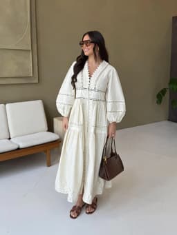 Dámské krajkové maxi šaty s dlouhým rukávem, výstřihem do V, elegantní letní prázdninové šaty s dutým vzorem - náhled 3