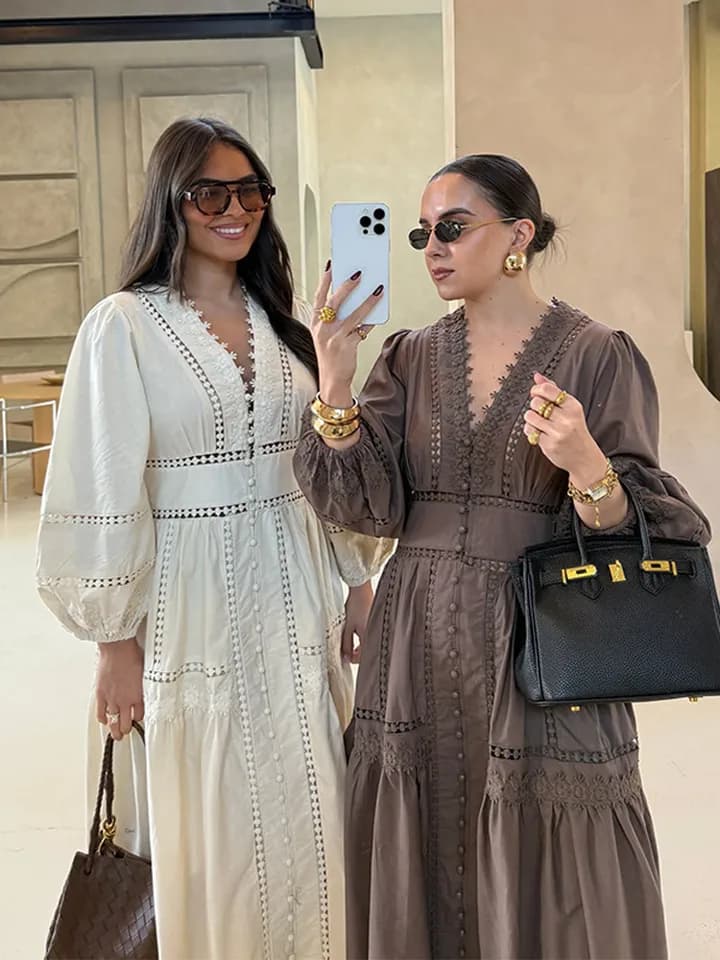 Dámské krajkové maxi šaty s dlouhým rukávem, výstřihem do V, elegantní letní prázdninové šaty s dutým vzorem