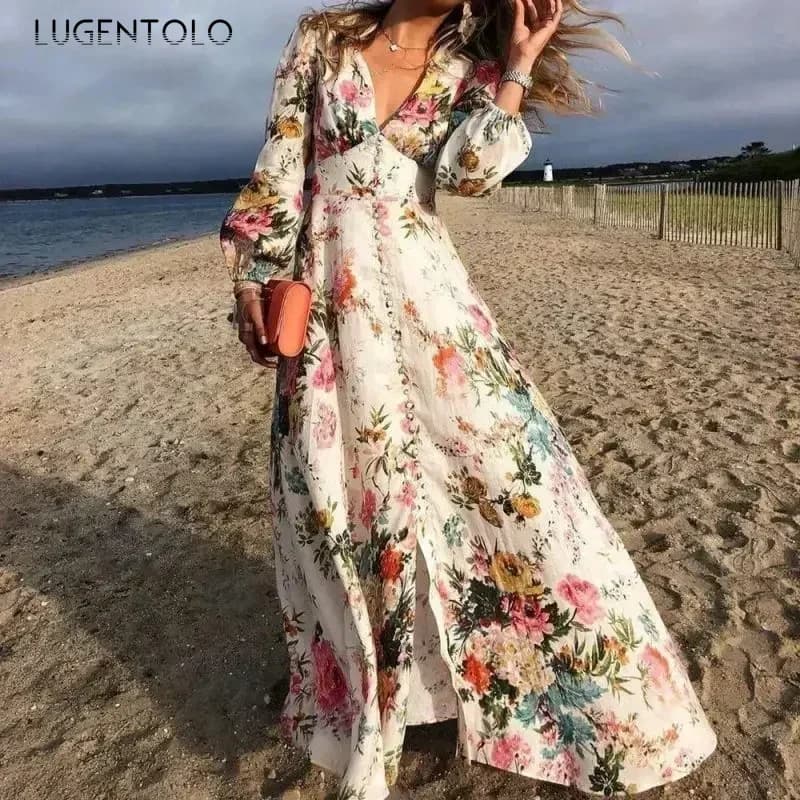 Dámské květinové maxi šaty s hlubokým výstřihem do V a dlouhým rukávem - bohémské letní párty swingové šaty