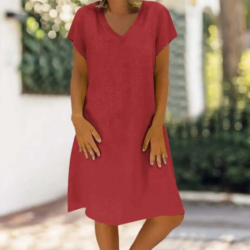 Dámské letní šaty s výstřihem do V, krátký rukáv, délka ke kolenům, volný střih, ležérní streetwear