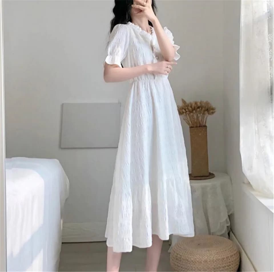 Bílé vintage letní šaty s volánky, vysoký pas, elegantní sváteční šaty pro ženy