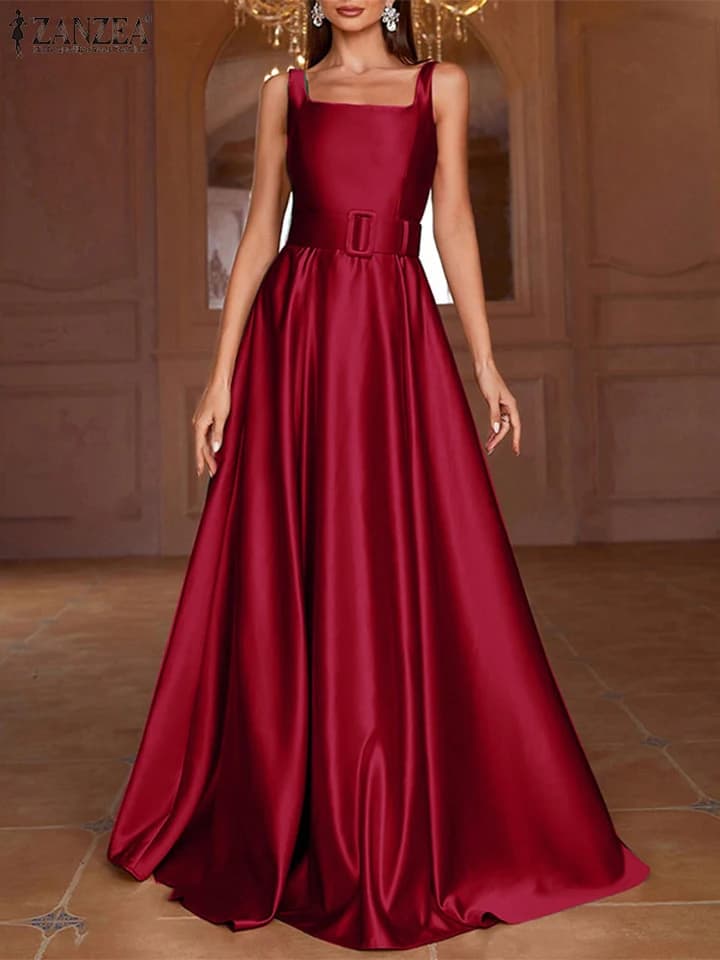 Dámské saténové maxi šaty bez rukávů s dlouhým rukávem, večírek, vintage jednobarevné, šerpa, pás