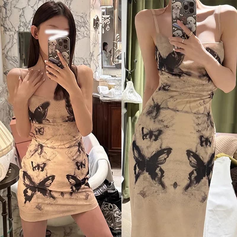 Dámské midi šaty s motýlím potiskem, výstřihem do V, empírovým pasem, áčkovým střihem, letní šaty bez ramínek, zeštíhlující