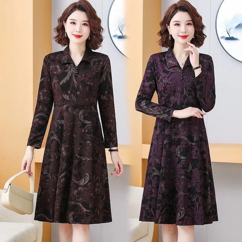 Dámské midi šaty s dlouhým rukávem do áčka - jaro/podzim, délky kolen