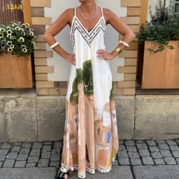 Dámské letní dlouhé šaty s výstřihem do V a vintage potiskem, bohémské, plus size - náhled 7