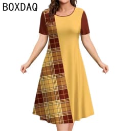 Dámské vintage kostkované áčkové šaty s krátkým rukávem a výstřihem do O, letní ležérní, plus velikost 3XL, černá a bílá - náhled 5