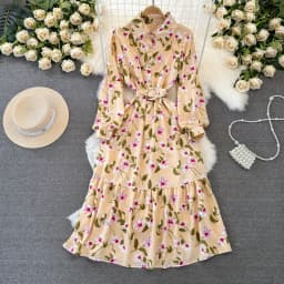 Dámské květinové maxi šaty s dlouhým rukávem, ležérní boho plážové šaty s límcem - náhled 4
