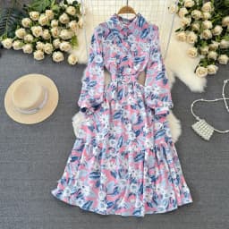 Dámské květinové maxi šaty s dlouhým rukávem, ležérní boho plážové šaty s límcem - náhled 5