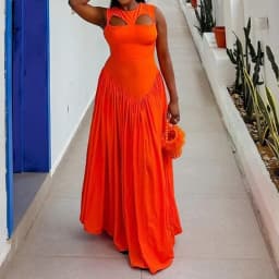 Dámské letní šaty s vysokým pasem, boho styl, maxi šaty, oranžovo-červené, s výstřihem do V, volný čas, pro párty a volný čas - náhled 4