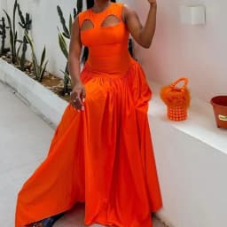 Dámské letní šaty s vysokým pasem, boho styl, maxi šaty, oranžovo-červené, s výstřihem do V, volný čas, pro párty a volný čas - náhled 3