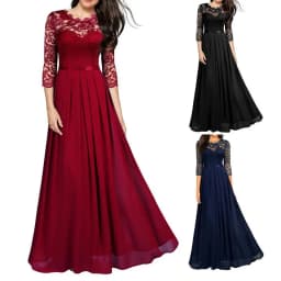 Dámské šaty na večírek s 3/4 krajkovými rukávy - Slim Fit, koktejlové šaty do áčka - náhled 5