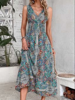 Dámské boho maxi šaty bez rukávů - letní květinové tílko s elastickým pasem - náhled 7