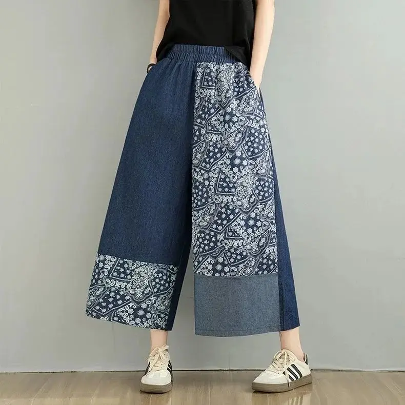 Dámské vintage patchworkové džíny se širokými nohavicemi - elastický pas, volný střih, ležérní capri kalhoty