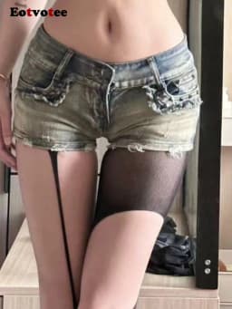 Dámské letní džínové kraťasy s nízkým pasem, slim fit, objímající boky, módní sexy, styl Y2K - náhled 6