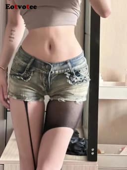 Dámské letní džínové kraťasy s nízkým pasem, slim fit, objímající boky, módní sexy, styl Y2K - náhled 4