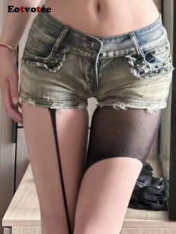 Dámské letní džínové kraťasy s nízkým pasem, slim fit, objímající boky, módní sexy, styl Y2K - náhled 7