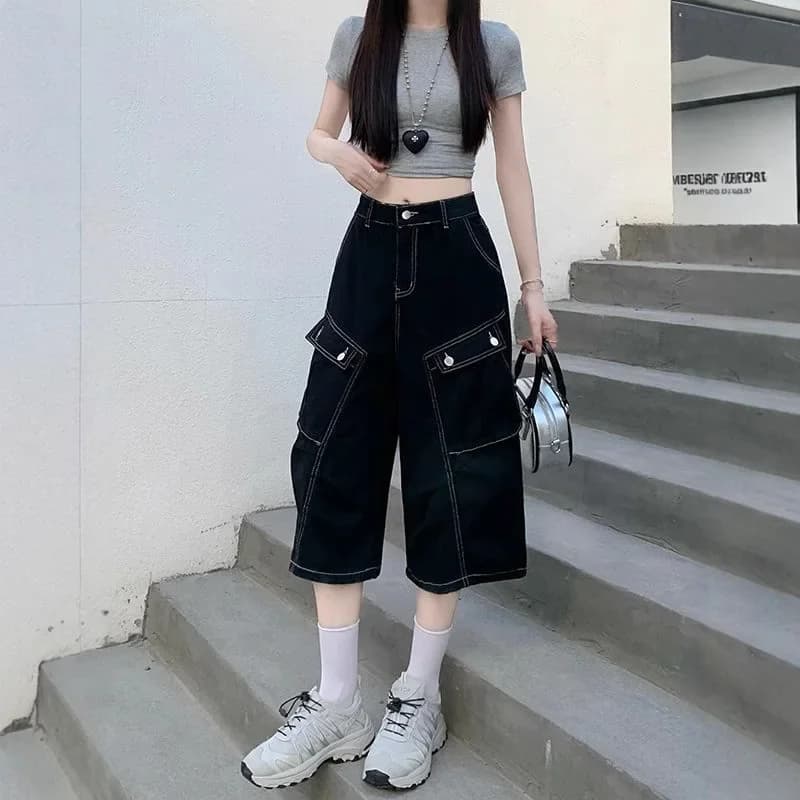 Dámské černé kraťasy s vysokým pasem a širokými nohavicemi, džínové pracovní kalhoty s více kapsami