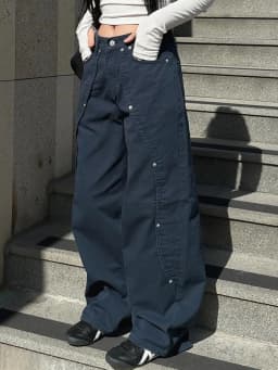 Dámské široké džíny s nízkým pasem, rovné, ležérní, volné, s nýtovými detaily, streetwear kalhoty - náhled 3