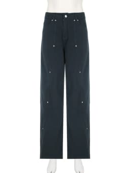 Dámské široké džíny s nízkým pasem, rovné, ležérní, volné, s nýtovými detaily, streetwear kalhoty - náhled 5