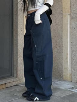 Dámské široké džíny s nízkým pasem, rovné, ležérní, volné, s nýtovými detaily, streetwear kalhoty - náhled 4