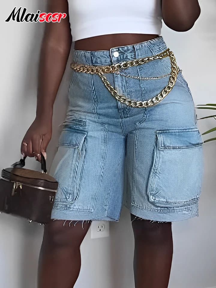 Dámské modré džínové cargo kraťasy ke kolenům s kapsami, streetwear bermudy