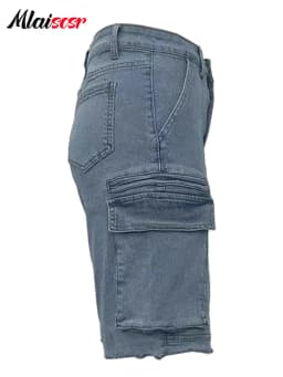 Dámské modré džínové cargo kraťasy ke kolenům s kapsami, streetwear bermudy - náhled 6