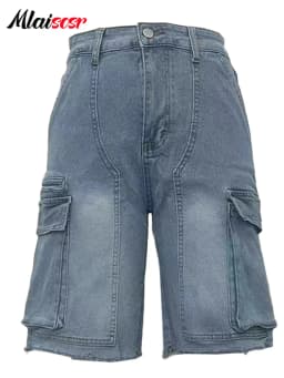 Dámské modré džínové cargo kraťasy ke kolenům s kapsami, streetwear bermudy - náhled 5