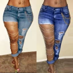 Dámské roztrhané úzké džíny s vysokým pasem a řetízkovým detailem, kalhoty z opotřebovaného denimu, streetwear - náhled 3