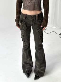 Dámské nízké cargo kalhoty, grunge džíny Y2K s kapsami na zip, streetwear, šedé - náhled 3