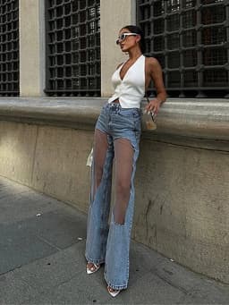 Dámské džíny s vysokým pasem a zoufalým potiskem, modré denimové síťované kolenní panely, hip hopové streetwear kalhoty - náhled 5