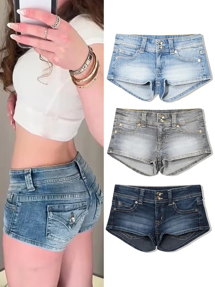 Dámské džínové mini kraťasy s nízkým pasem a motivem Y2K - sexy džíny s kapsami na zip pro klubové párty a streetwear