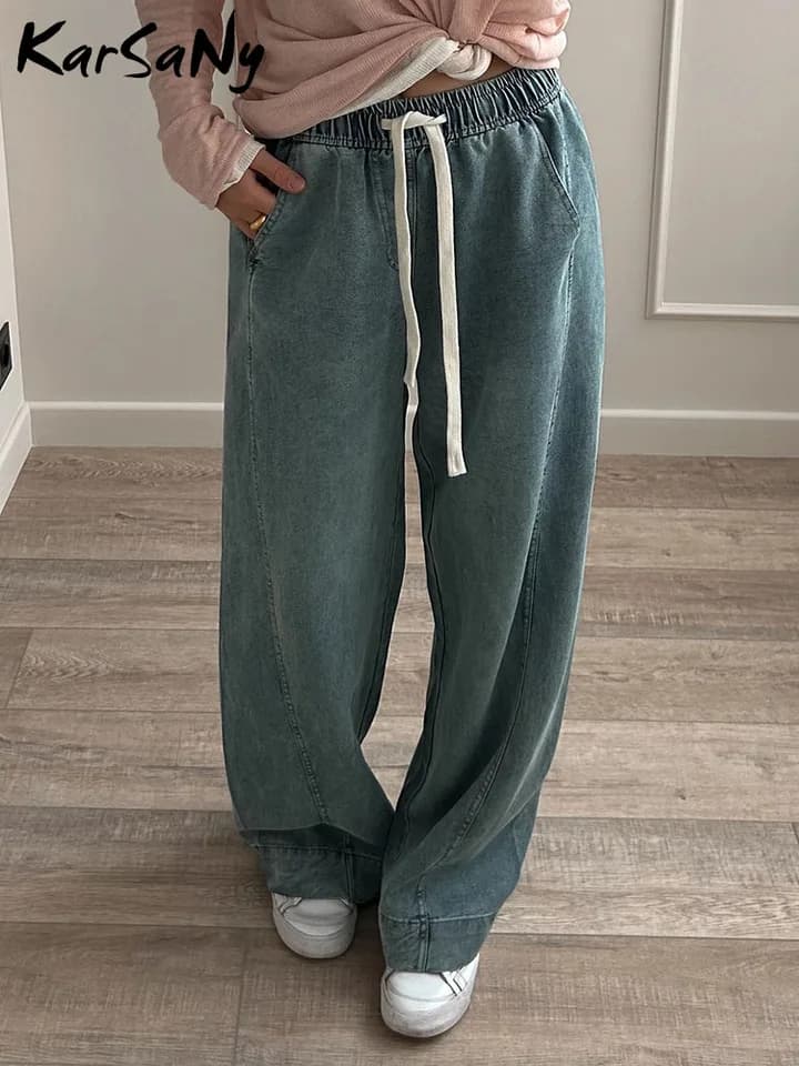 Dámské džíny s vysokým pasem a širokými nohavicemi, letní volné rovné kalhoty s elastickým pasem, modré