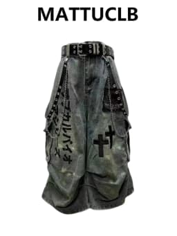 Dámské džínové kraťasy Y2K Grunge s překříženým ramínkem, délkou po lýtka, kyberpunkové gotické kraťasy - náhled 2