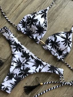 Černobílé kokosové palmy Tisk Bikiny Set Trojúhelníkové Halter Plavky Dámské Plavky Brazilské - náhled 3