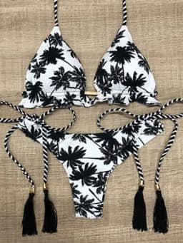 Černobílé kokosové palmy Tisk Bikiny Set Trojúhelníkové Halter Plavky Dámské Plavky Brazilské - náhled 2
