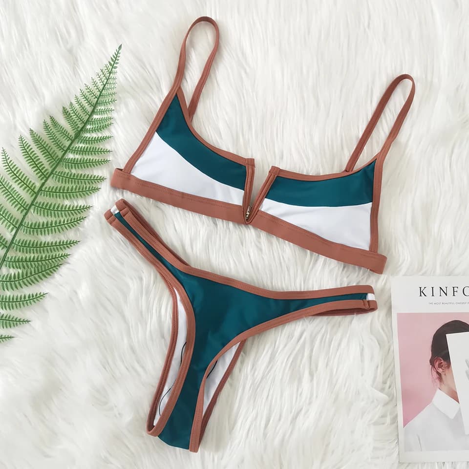 Dámský brazilský set bikin s V-barem - Barevně blokované vintage plavky, tanga, velikost XS-XL