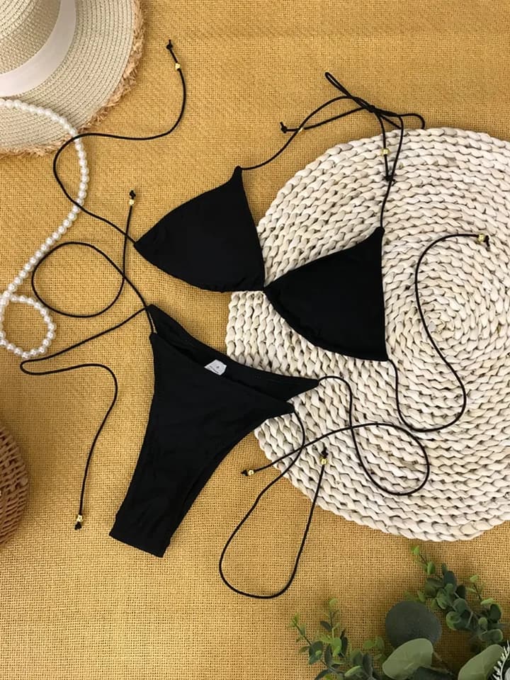 Dámský brazilský mini bikinový set - sexy dvoudílné plavky, jednobarevné plážové plavky
