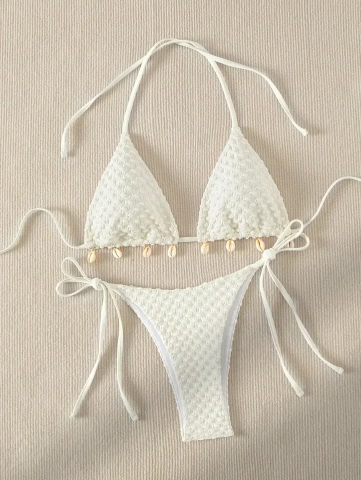 Bikiny push-up trojúhelníkový set - mikro plavky s zavazováním na straně, bílé a černé, s mušlovým potiskem, letní plavky