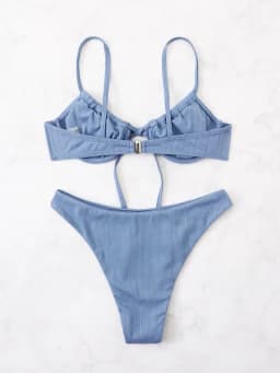 Push-up bikiny set - žebrované plavky s zavazováním vpředu a kosticemi pro ženy, letní plážové plavky - náhled 3